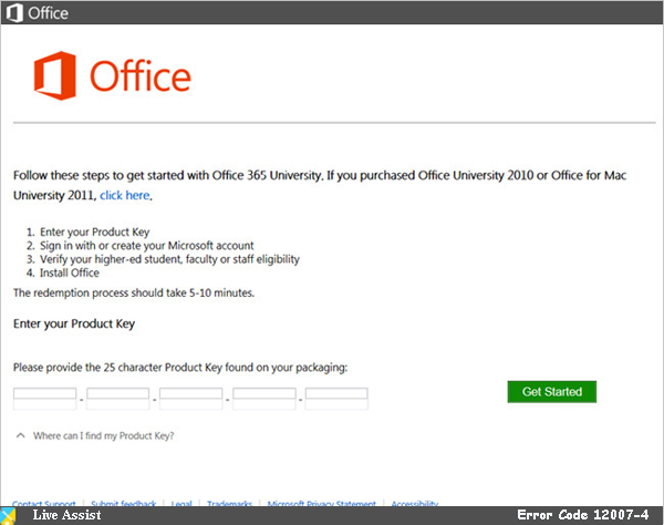 Office 365 Error Code 12007-4